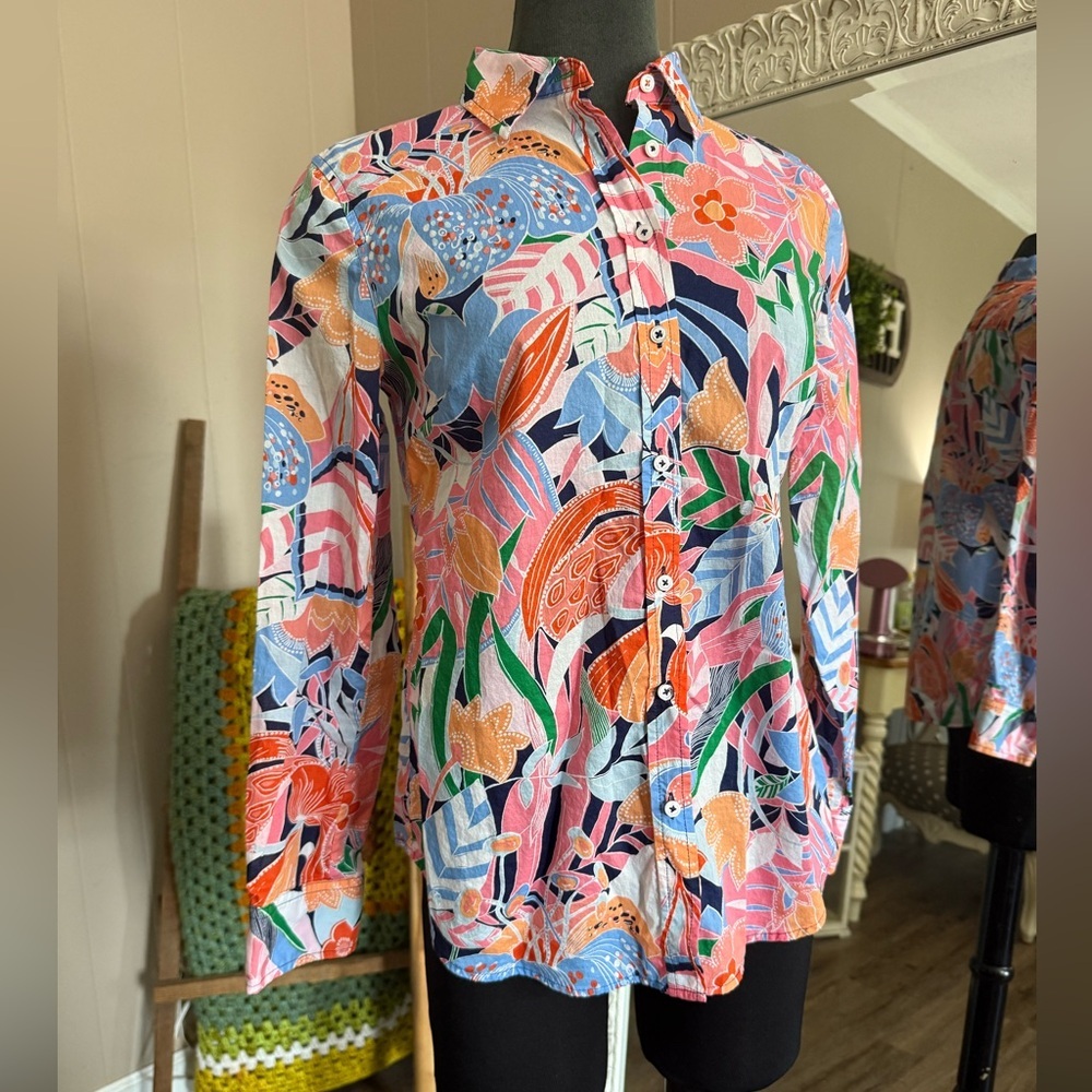 Talbots Multi Color Abstract Floral Button Down - image 5